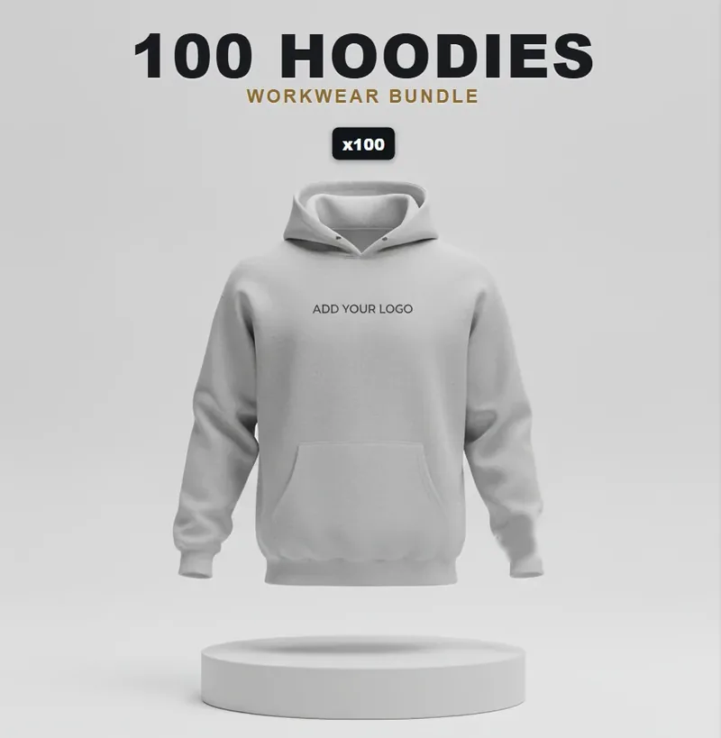100 branded hoodies: the garments in this kit, each carrying a logo