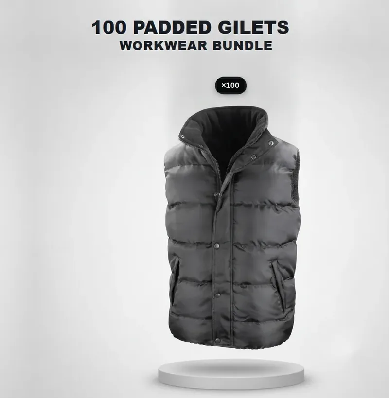 100 branded padded gilets: the garments in this kit, each carrying a logo