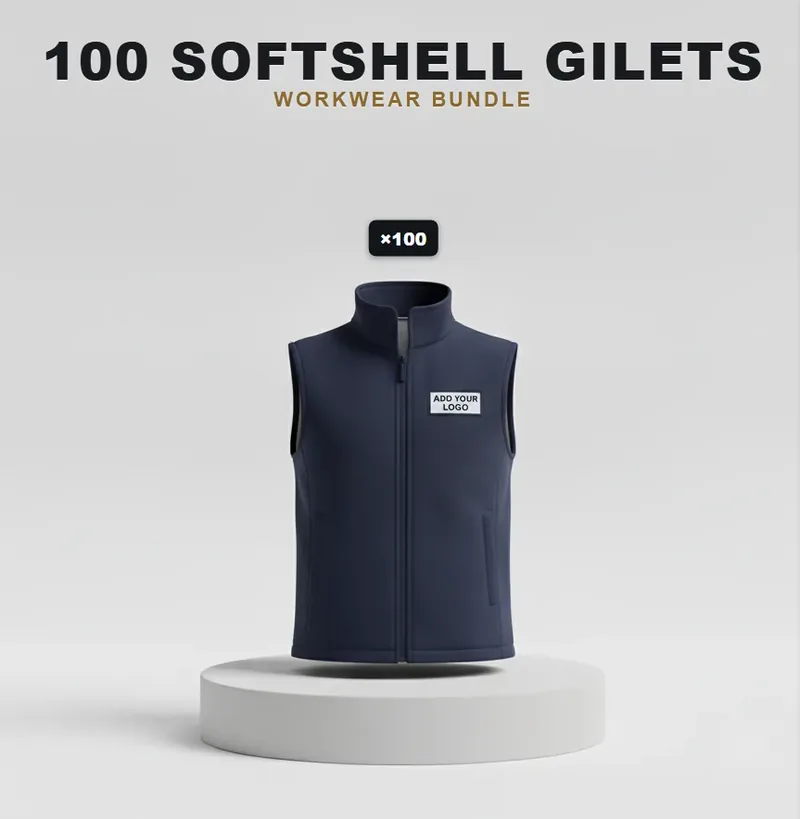 100 branded softshell jackets or gilets: the garments in this kit, each carrying a logo