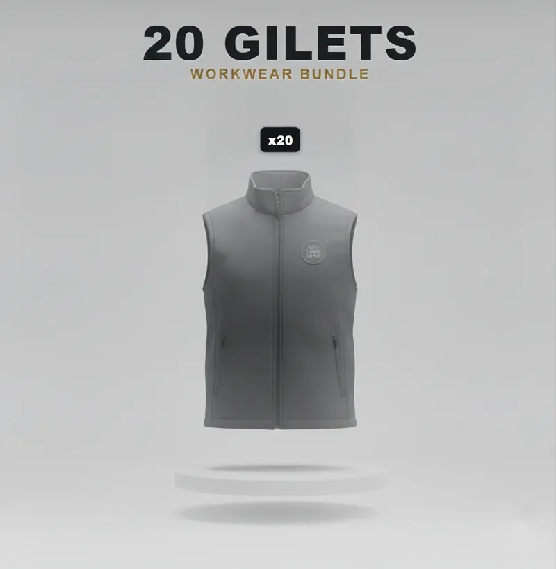 20 branded softshell jackets or gilets: the garments in this kit, each carrying a logo