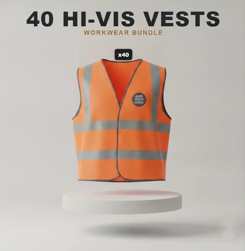40 branded hi-vis vests: the garments in this kit, each carrying a logo