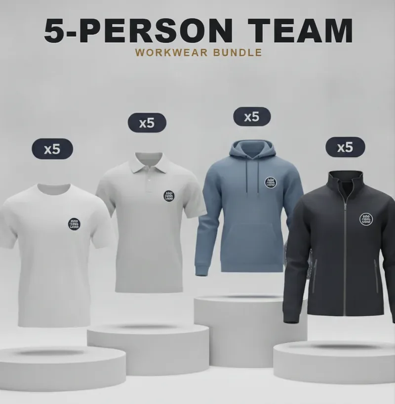 5-person team kit, every garment carrying a logo