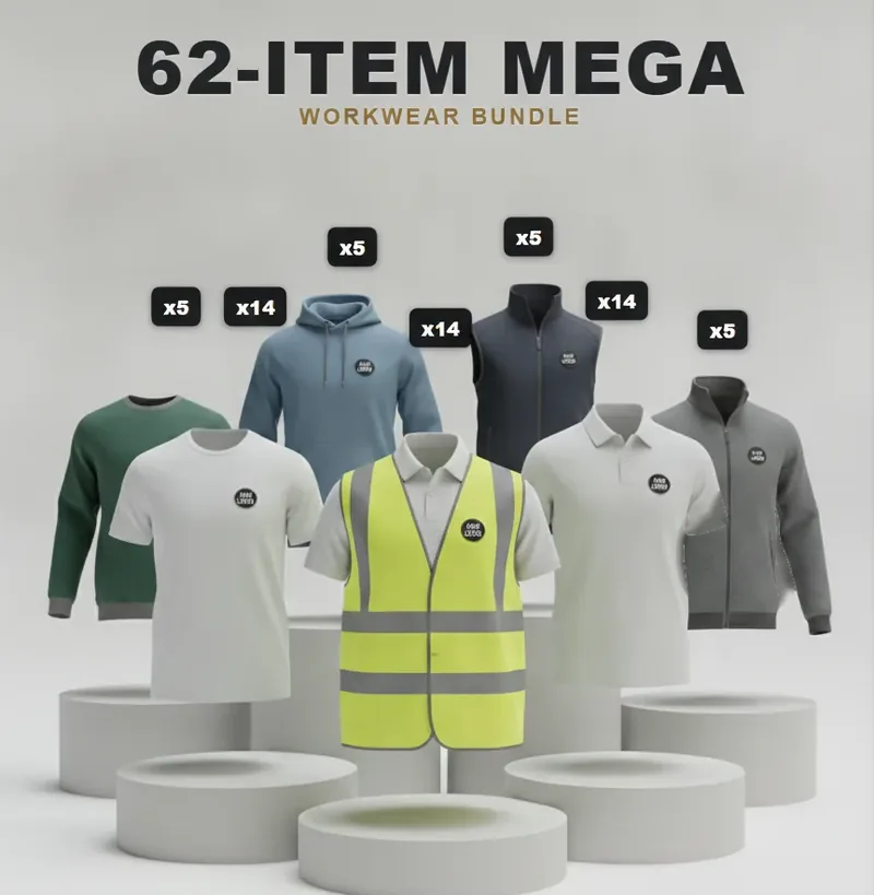 62-piece site pack, every garment carrying a logo