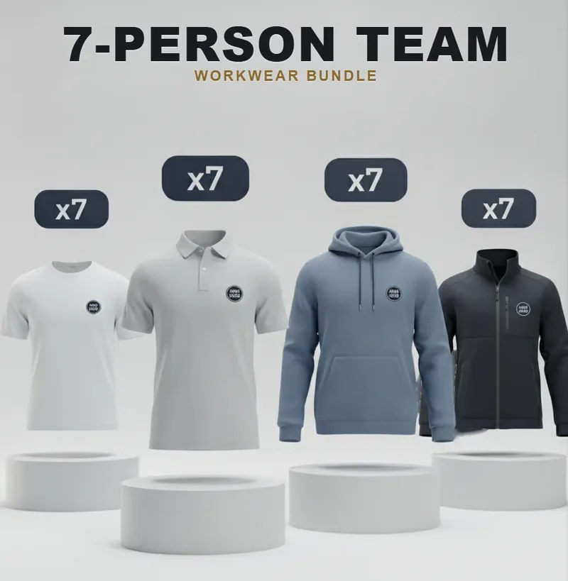 7-person team kit, every garment carrying a logo