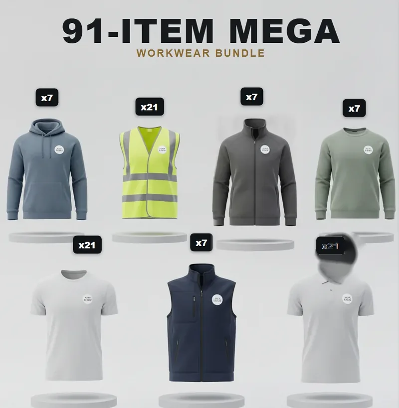 91-piece site pack, every garment carrying a logo