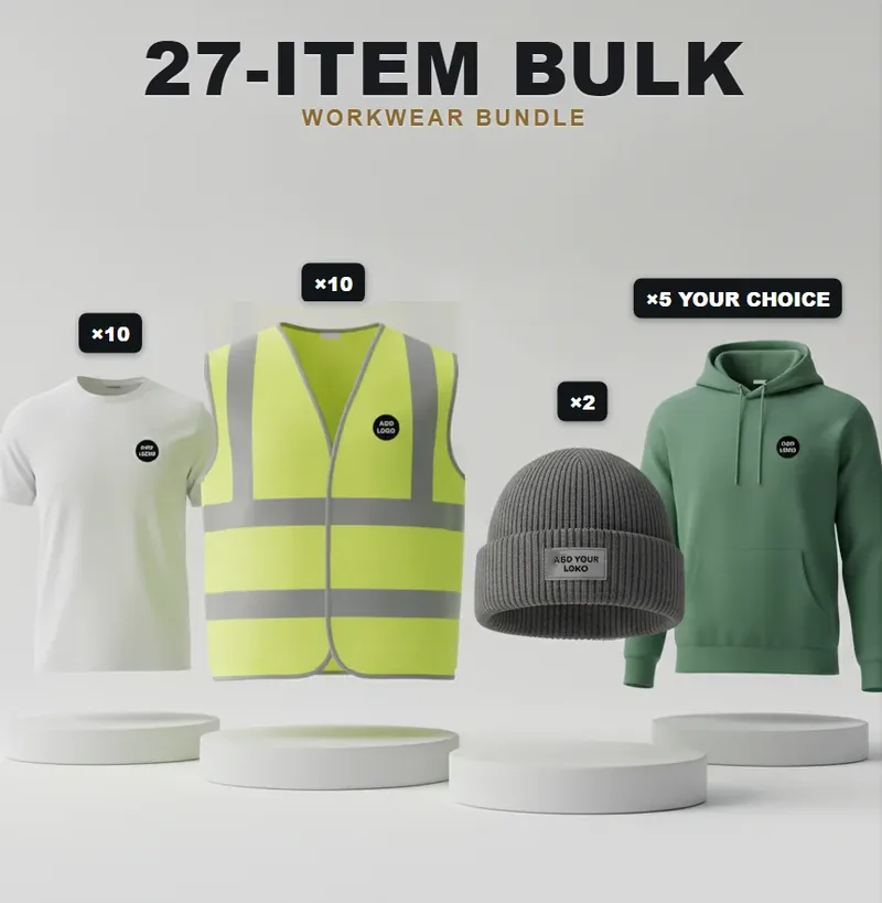 27-piece bulk pack, every garment carrying a logo