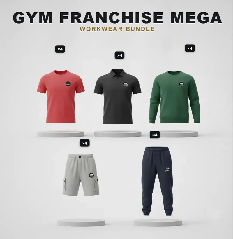 Gym franchise pack, every garment carrying a logo