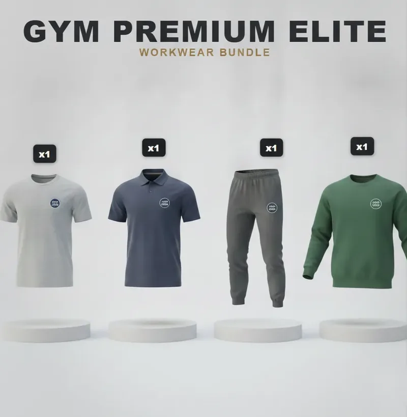 Premium gym set, every garment carrying a logo