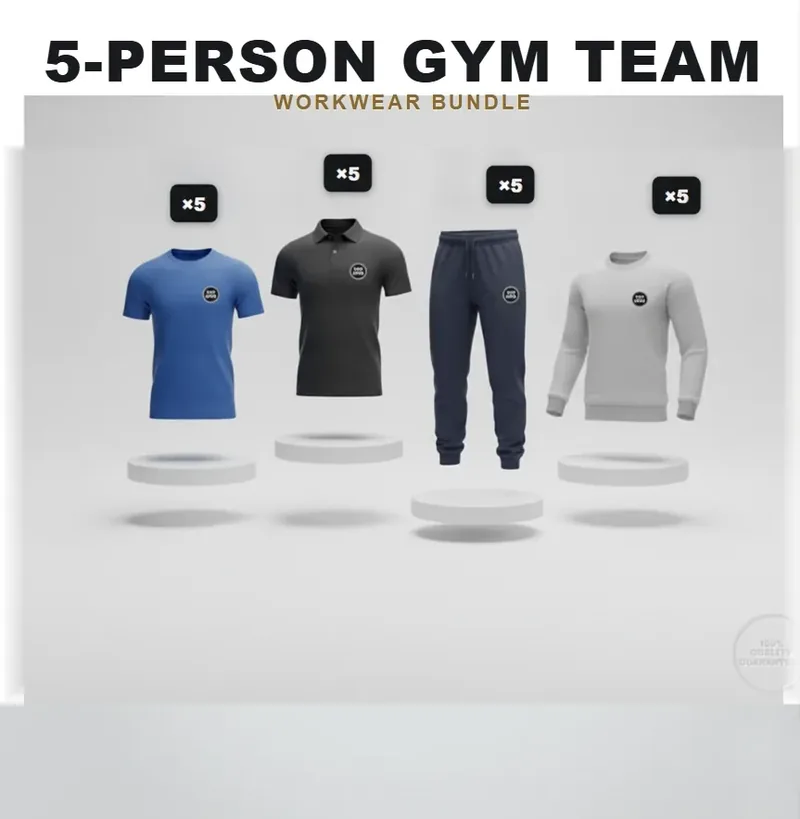 Premium gym team of 5, every garment carrying a logo