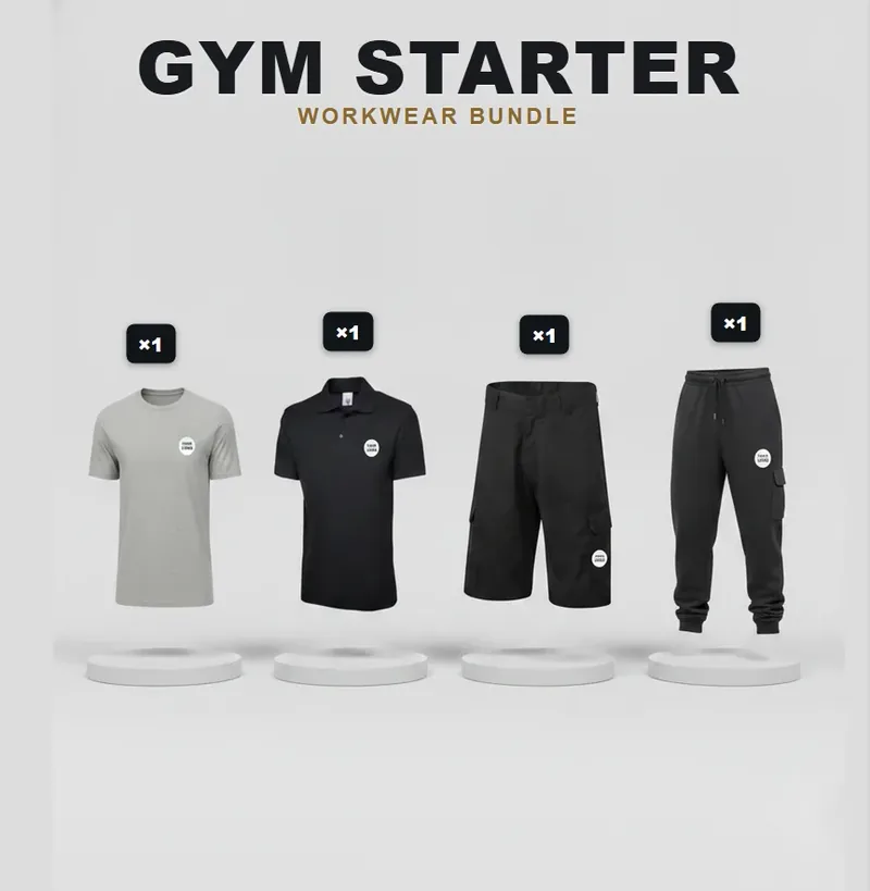 Gym starter pack, every garment carrying a logo