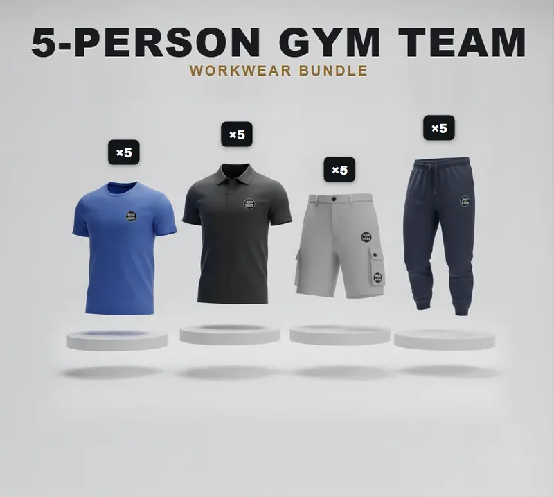 Gym team of 5, every garment carrying a logo