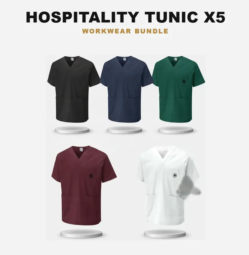 5 tunics: the garments in this kit, each carrying a logo