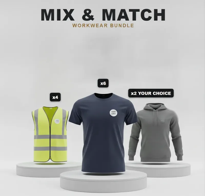 Mix and match pack, every garment carrying a logo