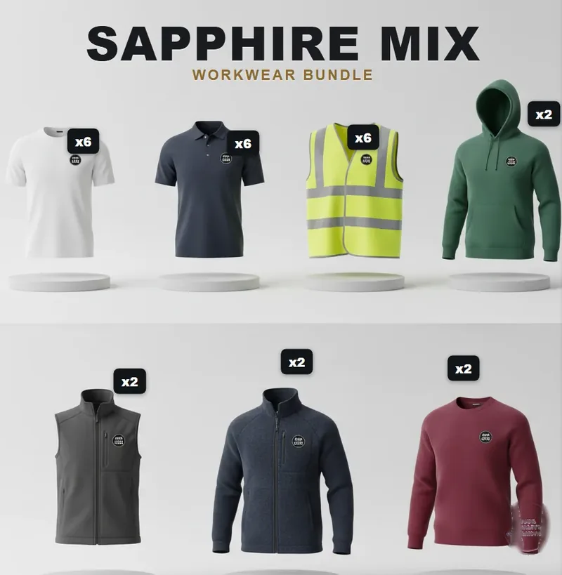Sapphire pack, every garment carrying a logo
