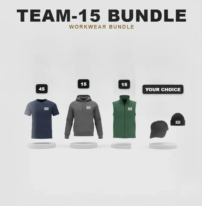 Team of 15 kit, every garment carrying a logo