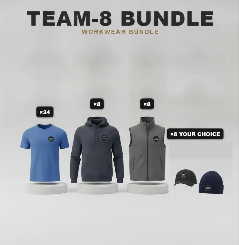 Team of 8 kit, every garment carrying a logo