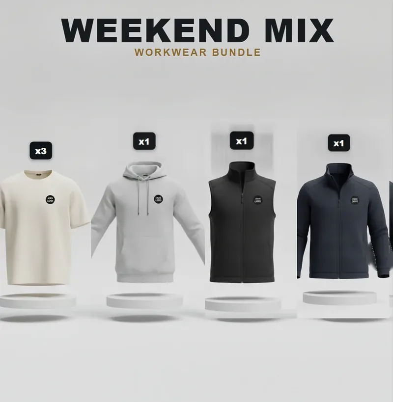 Weekend pack, every garment carrying a logo